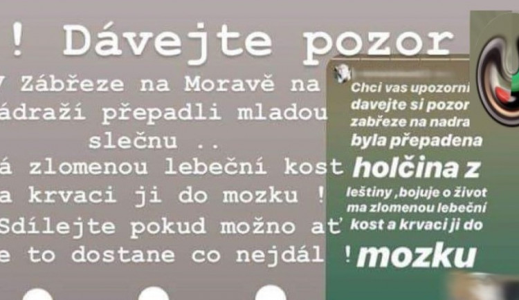 "Na nádraží přepadli mladou slečnu, má krvácení do mozku." Policie vyvrátila smyšlené přepadení