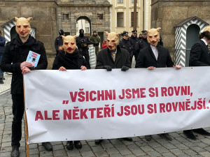 U Pražského hradu se sešlo pět set demonstrantů. Vyzvali prezidenta Zemana k abdikaci