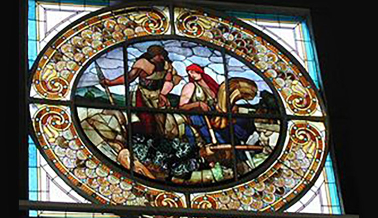 Vitrážová malba Orba a lov od Mikoláše Alše. Zdroj: Jiří Wagner