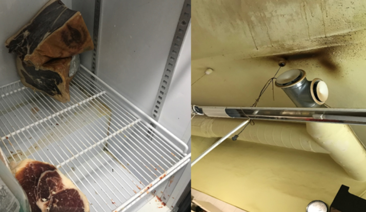 Nezabalené maso v lednici a mastnosta kapající ze stropu.