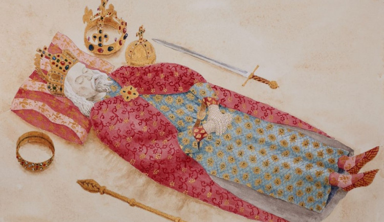 Ilustrace Karla IV. na katafalku.