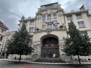 Vlajka a přechod u magistrátu.