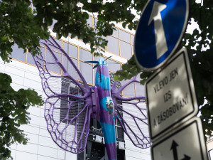 FOTOGALERIE: Obchodní dům Máj už zdobí oba Černého motýli. Povolení dostali na rok