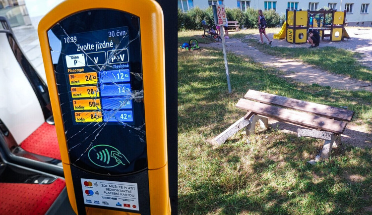 Jeden vandal zdemoloval v autobusu platební terminál, další dva mladíci z nudy rozkopali lavičku
