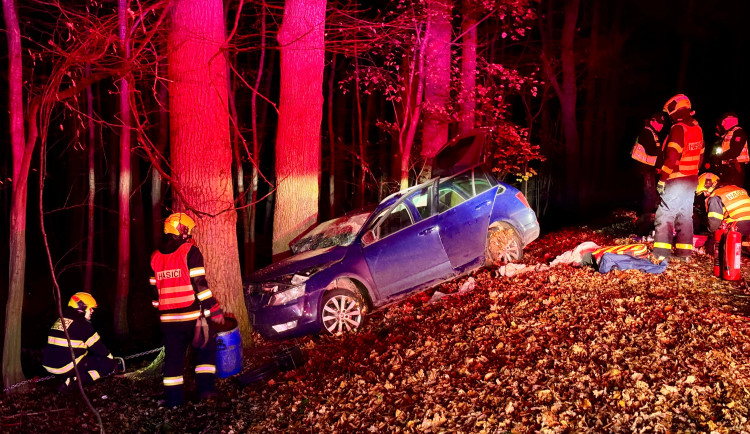 Noční zásah na Opavsku: auto narazilo do stromu, hasiči vyprošťovali zaklíněnou ženu