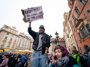 FOTO: Flanelky i provokativní transparenty. Demonstrace na Staromáku dala prostor kreativitě