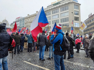 FOTOGALERIE: Demonstranti na Václavském náměstí kritizují vládu i Petra Pavla. Sešlo se několik stovek lidí