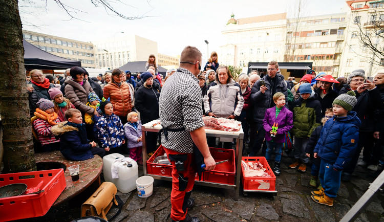 FOTOGALERIE: Masopust na Letné přilákal hlavně rodiny s dětmi. Na programu byla zabijačka i průvod masek
