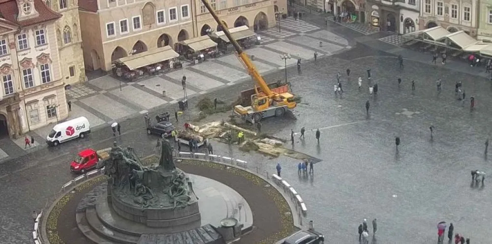 Vánoční strom na Staromáku šel k zemi. Na větvích si pochutnají zvířata ze zoo
