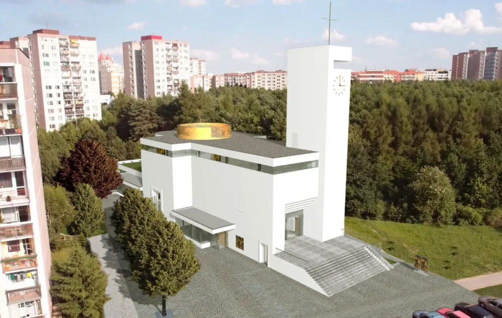 Dělníci dokončují hrubou stavbu kostela na Barrandově. Vysvěcen by měl být v listopadu