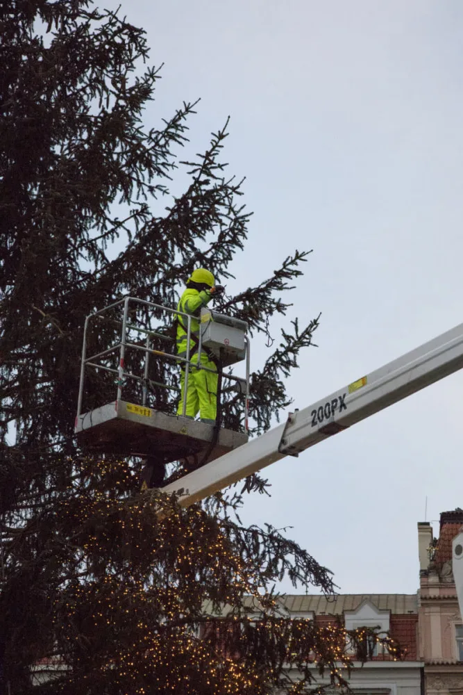 FOTO: Podívejte se, jak probíhalo odstrojování vánočního stromu na Staroměstském náměstí. Co s ním bude dál?