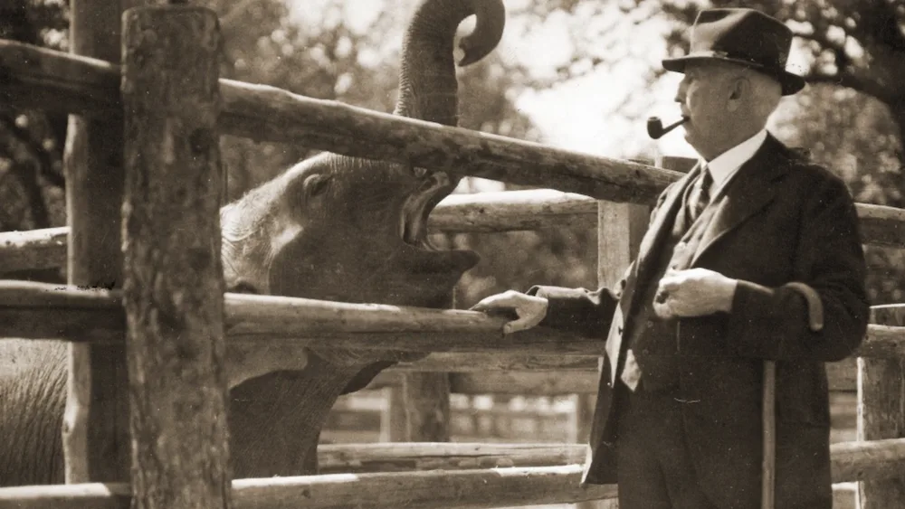 První ředitel pražské zoo Jiří Janda se slonem Babym