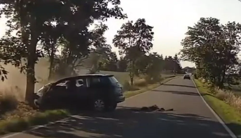 VIDEO: Řidička nabourala do stromu. Pomohl jí policista, který jel náhodou kolem