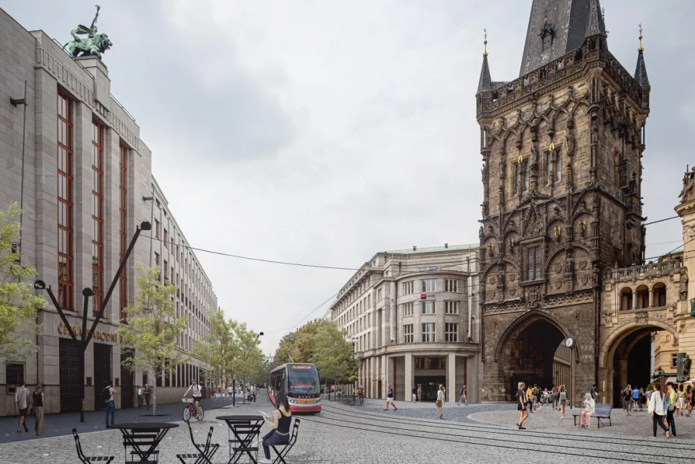 Před Prašnou bránou už nebude kruhový objezd ale tramvajová trať.