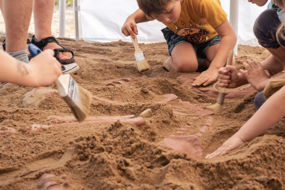 Děti si mohou vyhrabat kostru dinosaura.