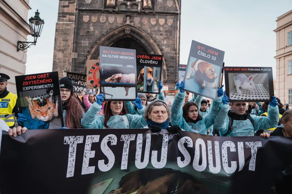 VIDEO: Účastníci průvodu Prahou protestovali proti pokusům na zvířatech