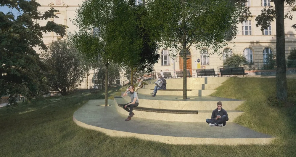 VIZUALIZACE: Praha 2 chystá revitalizaci Sadů Bratří Čapků. Oddělí děti a pejskaře