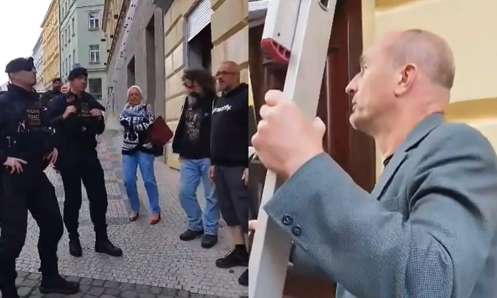 Zabaveno! Aktivisté vyvěsili transparent na dům ruského zbrojaře v Praze