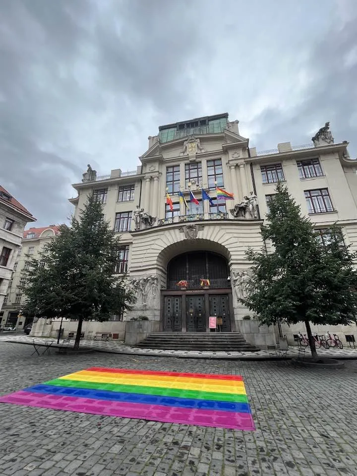 Vlajka a přechod u magistrátu.