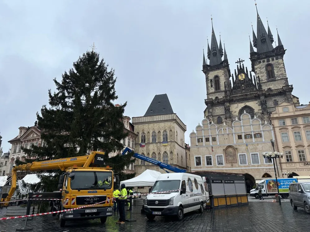 Vánoční strom dorazil do Prahy. Od noci stojí na Staroměstském náměstí