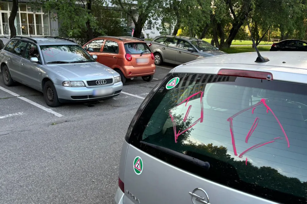 Na auta se muž vybavil růžovou fixou.