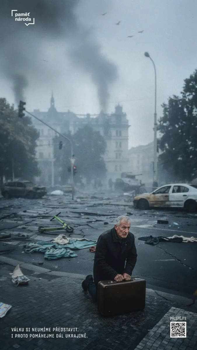 Praha zničená válkou. Paměť národa spustila v ulicích kampaň na podporu Ukrajiny