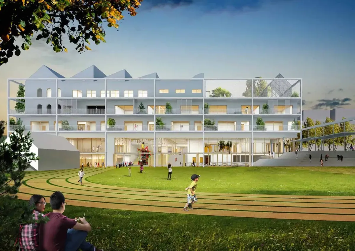 Vizualizace nové školy. (autoři: Office Ou & Inostudio, Atelier M1 architekti)