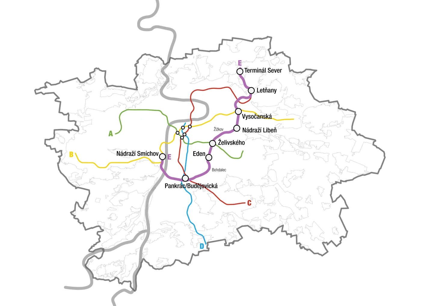 Trasa plánované linky metra E