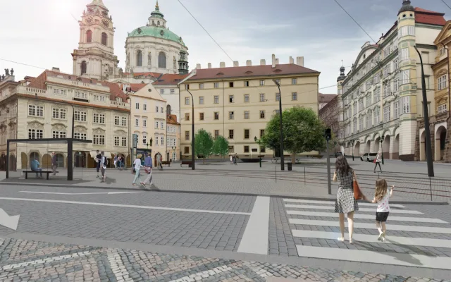 Takhle bude vypadat Malostranské náměstí. Město chce rekonstrukcí zklidnit dopravu.