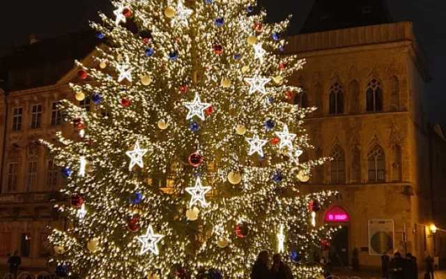 FOTO: Vánoční strom na Staroměstském náměstí v Praze už svítí