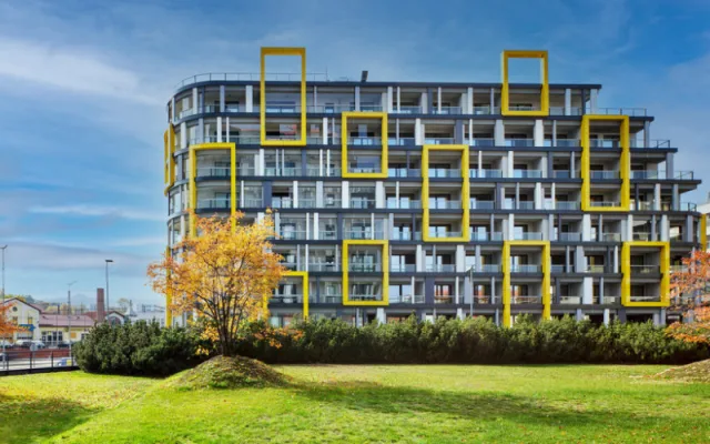 Nejzajímavější moderní stavby Prahy: Domu Harfa Design Residence s prémiovými byty dominují žluté rámy