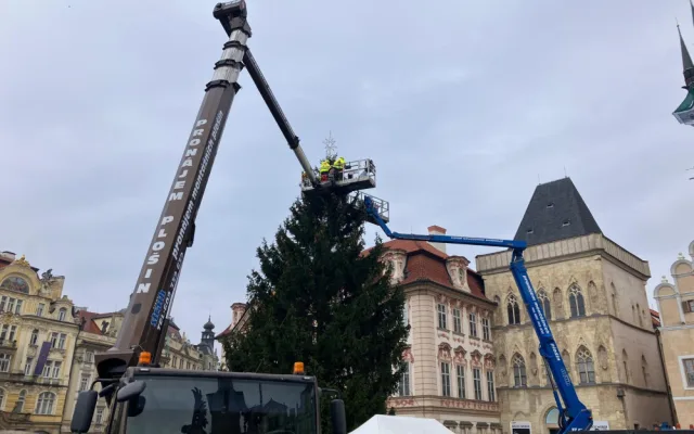 Technici v noci ukotvili vánoční strom na Staroměstském náměstí a začali se zdobením