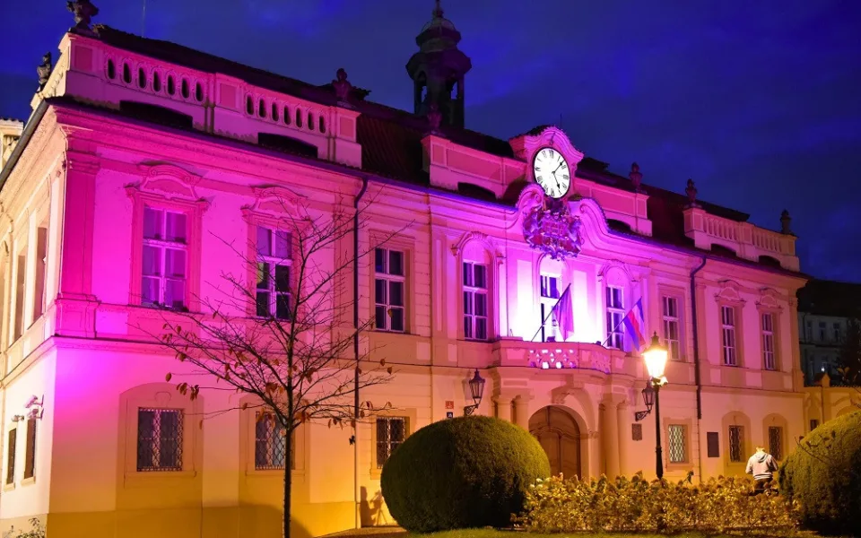 Libeňský zámek se včera rozzářil purpurově na počest Světového dne předčasně narozených dětí