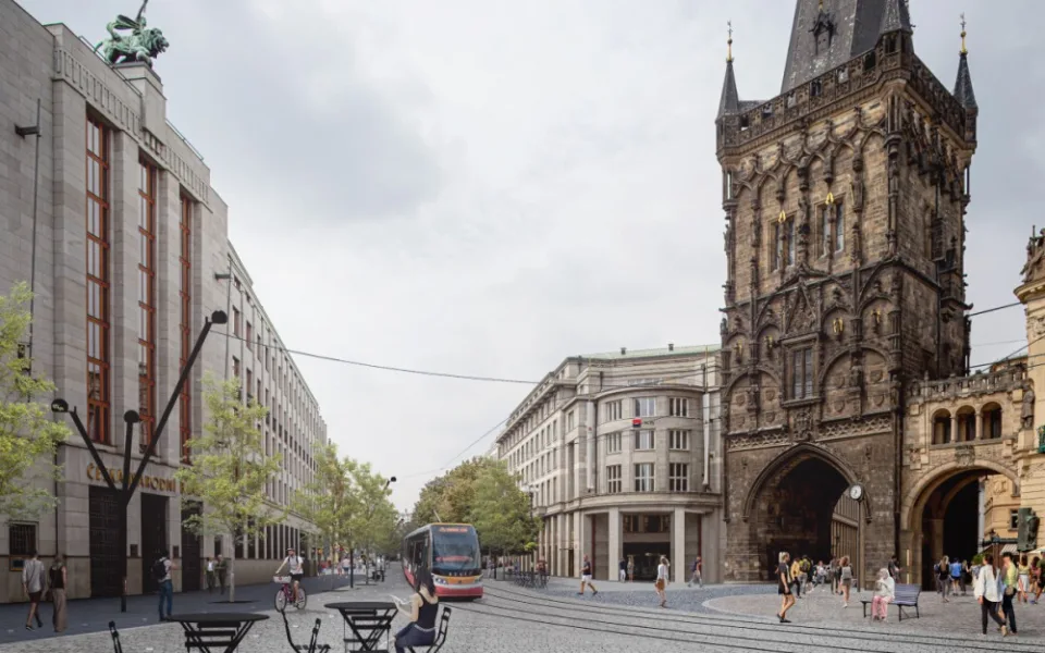Před Prašnou bránou už nebude kruhový objezd ale tramvajová trať.