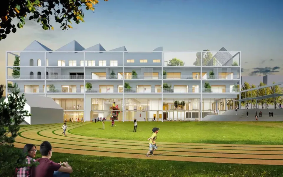 Vizualizace nové školy. (autoři: Office Ou &amp; Inostudio, Atelier M1 architekti)