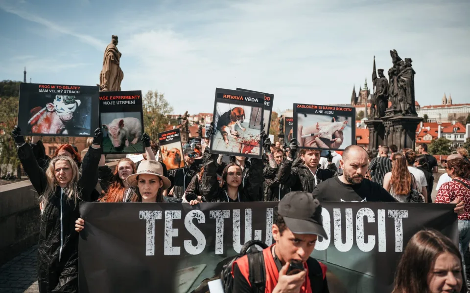 Aktivisté v centru Prahy demonstrovali za ukončení testování na zvířatech